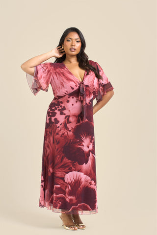 Curve Bold Pansy Print Flutter Sleeve Tie Front Midi Dress