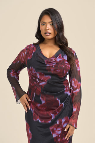 Curve Cowl neck Mesh flare sleeve Dark floral Maxi Dress