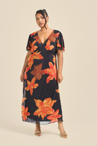 Curve Flutter Sleeve Bold Floral Midi Dress