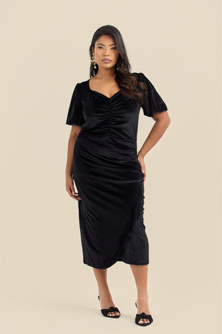 Plus Size Black Velvet Puff Sleeve Ruched Midi Dress