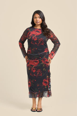 Curve Rose Print Ruffle Hem Mesh Midi Dress