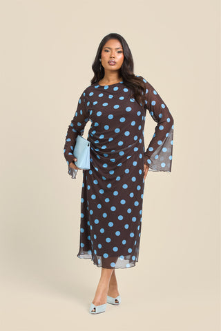 Curve Polka Dot Long Sleeve Ruched Mesh Midi Dress