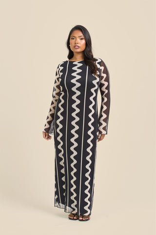 Curve mono print mesh flare sleeve maxi dress