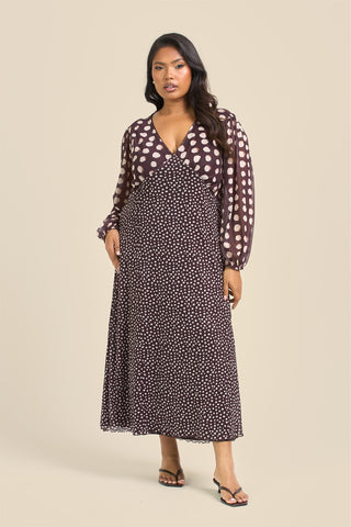 Curve Chocolate Polka Dot Balloon Sleeve Mesh Midi Dress