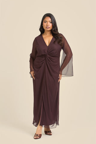 Curve Twist Front Plain Mesh Midaxi Dress