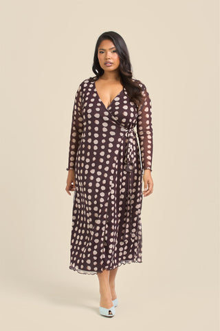 Curve Chocolate Polka Dot Wrap Over Tie Side Midaxi Dress