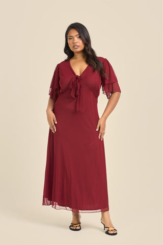 Curve Flutter Sleeve Burgundy Mesh Tie Front Midi Dress