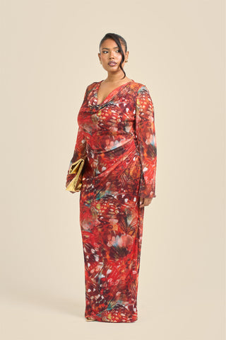 Curve Cowl Neck Abstract Butterfly Flare Sleeve Maxi Dress