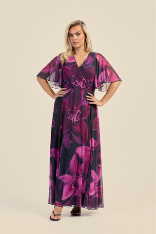 Curve Dark Purple Floral Wrap Front Angel Sleeve Maxi Dress