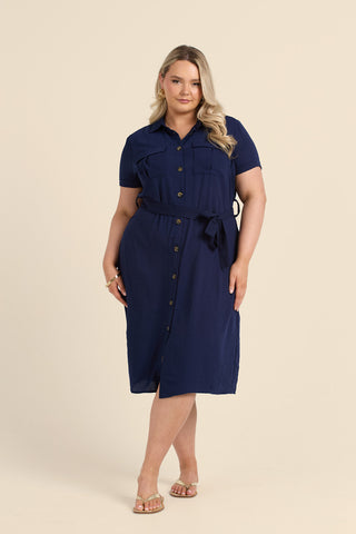 Curve Button Front Belted Shirt Dress