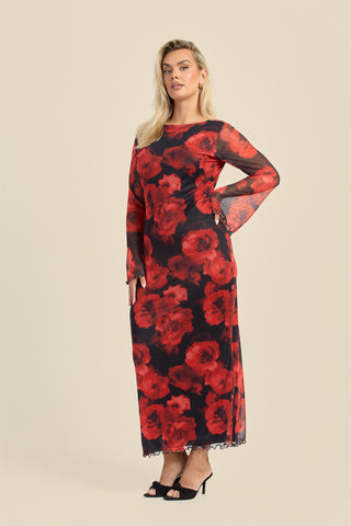 Curve Large floral flare sleeve mesh maxi dress