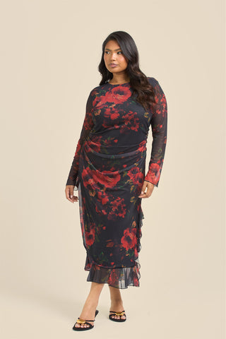 Curve Rose Print Ruffle Hem Mesh Midi Dress