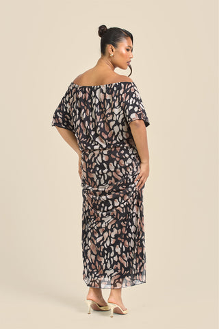 Curve Drop Shoulder Animal Print Mesh Midi Dress