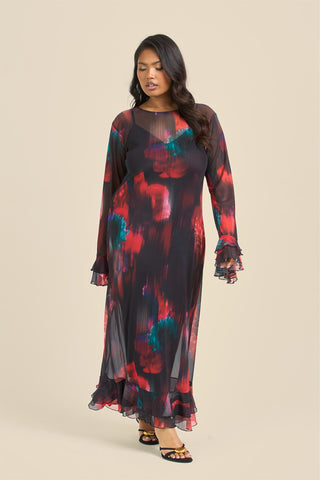 CURVE RUFFLE SWING STYLE LOOSE FIT MAXI DRESS