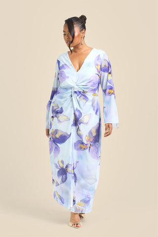 Curve Floral Lily Print Twist Front Mesh Flare Sleeve Midi Dress