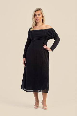 Curve Gathered Neck Long Sleeve Midi Dress