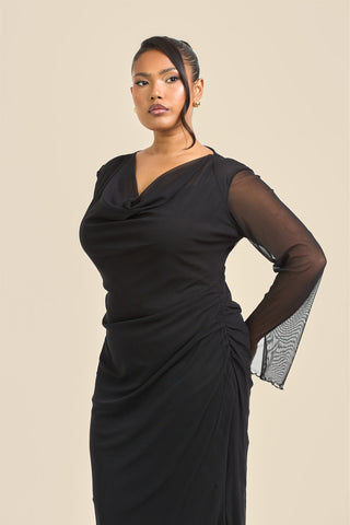 Curve Cowl Neck Long Sleeve Mesh Maxi Dress