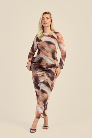 Curve long sleeve mesh abstract print midaxi print