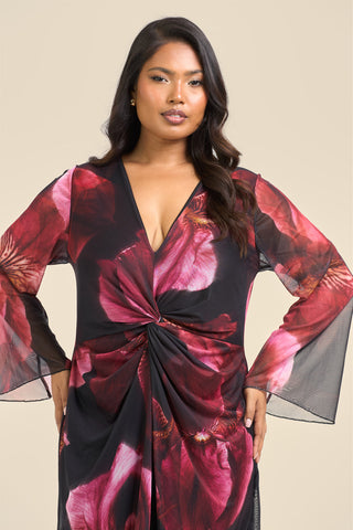 Curve Twist front large floral burgundy mesh midi dress
