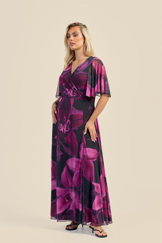 Curve Dark Purple Floral Wrap Front Angel Sleeve Maxi Dress