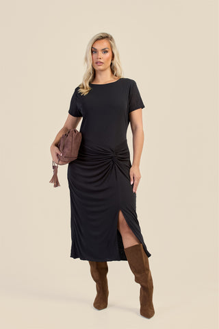 Curve Textured Knit Knotted Front Midi Dress