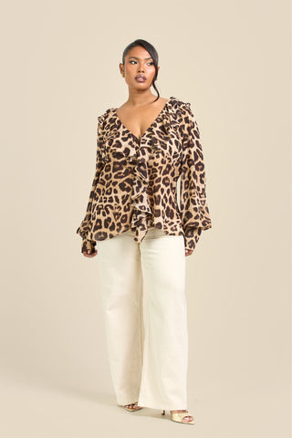 Curve Ruffle Leopard Chiffon Blouse