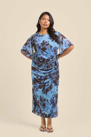 Curve Blue Abstract Print Flutter Sleeve Ruched Midi Dress