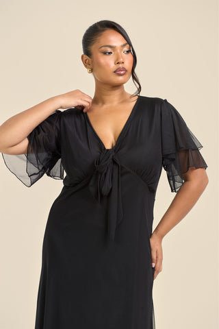 Curve Flutter Sleeve Black Mesh Tie Front Midi Dress
