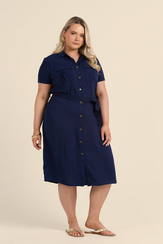 Curve Button Front Belted Shirt Dress