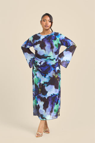 Curve Flare Sleeve Round Neck Printed Mesh Dress