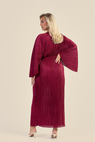 Curve Batwing plisse Burgundy Maxi Dress
