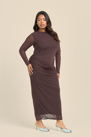 Curve long sleeve chocolate mesh midaxi dress