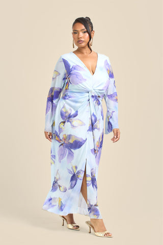 Curve Floral Lily Print Twist Front Mesh Flare Sleeve Midi Dress