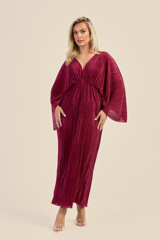 Curve Batwing plisse Burgundy Maxi Dress