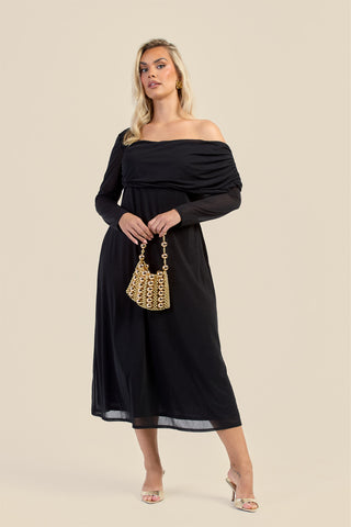 Curve Gathered Neck Long Sleeve Midi Dress