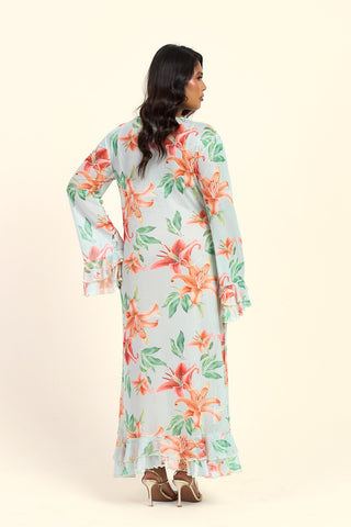 Curve Lily Print Long Sleeve Ruffle Swing Maxi Dress