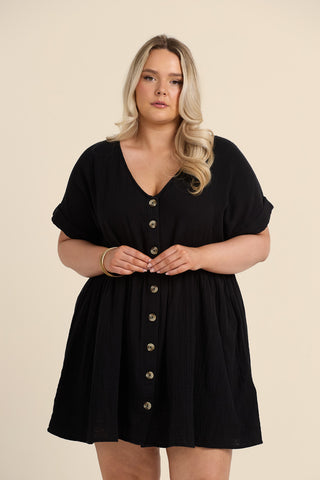 Curve Button Front Cheese Cloth Mini Smock Dress