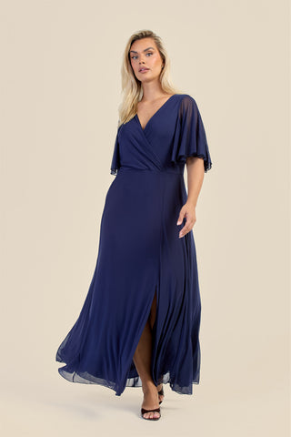 Curve Wrap Front Angel Sleeve Mesh Maxi Dress