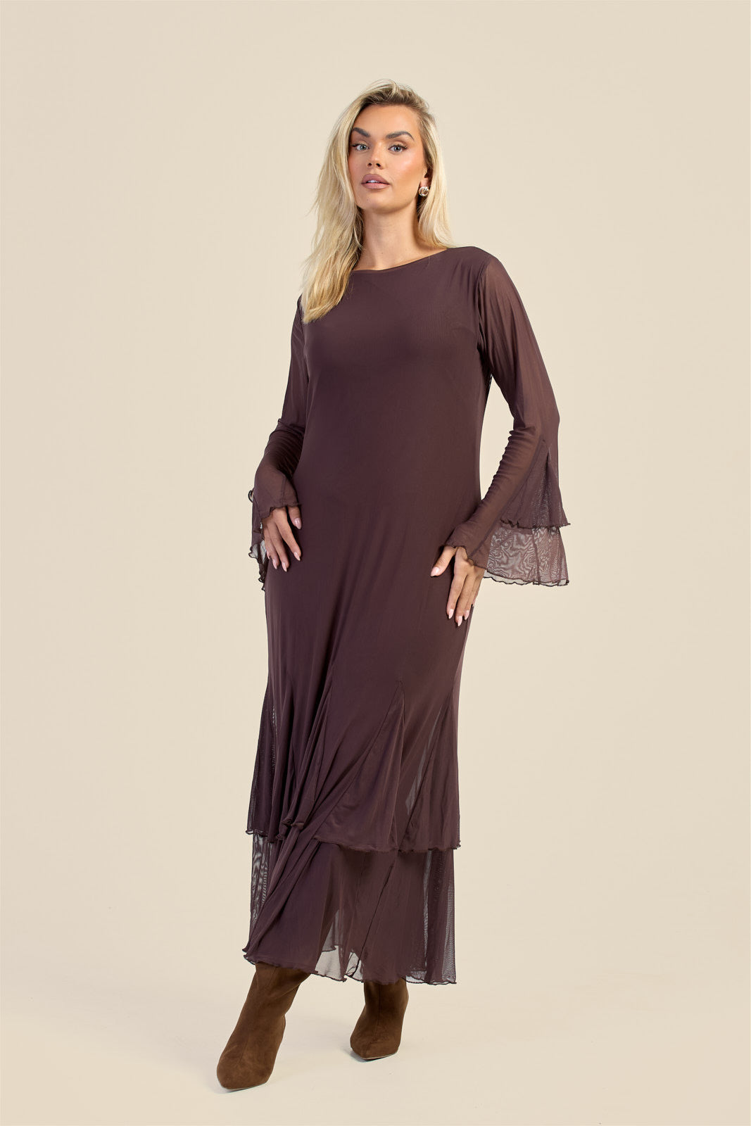Plus Size Brown Godet Flare Sleeve Mesh Maxi Dress – Fashion//SZN