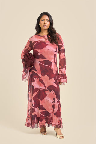 Curve Burgundy Abstract Ruffle Swing Style Maxi Dress