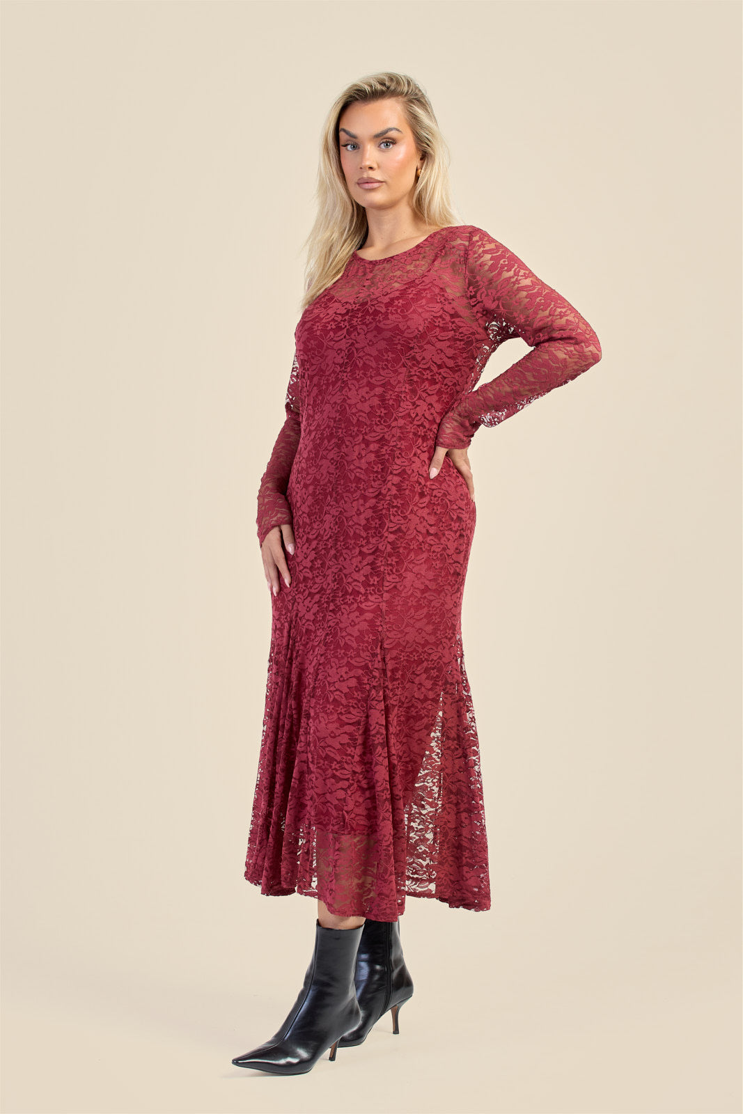 Plus Size Burgundy Lace Godet Midaxi Dress | Fashion SZN Fashion//SZN Plus Size Burgundy Lace Godet Midaxi Dress | Fashion SZN Fashion//SZN