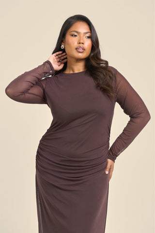 Curve long sleeve chocolate mesh midaxi dress
