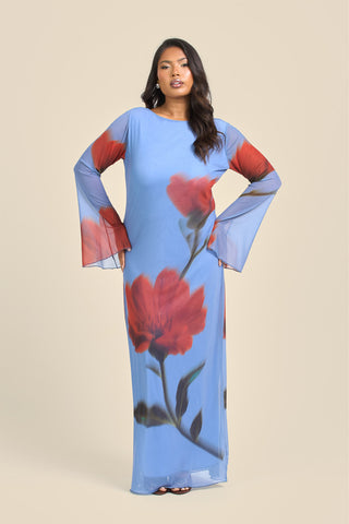 Curve Statement Floral Long Sleeve Mesh Maxi Dress