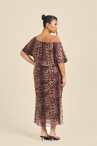 Curve Leopard Print Drop Shoulder Mesh Midi Dress