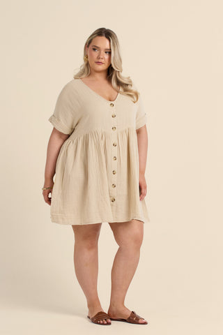 Curve Button Front Cheese Cloth Mini Smock Dress