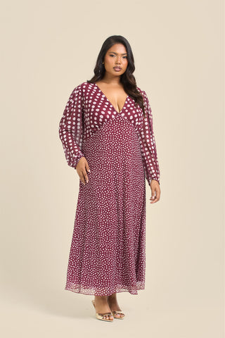 Curve Balloon Sleeve Mixed Polka Dot Midi Dress