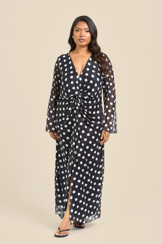 Curve Twist Front Polka Dot Mesh Midi Dress