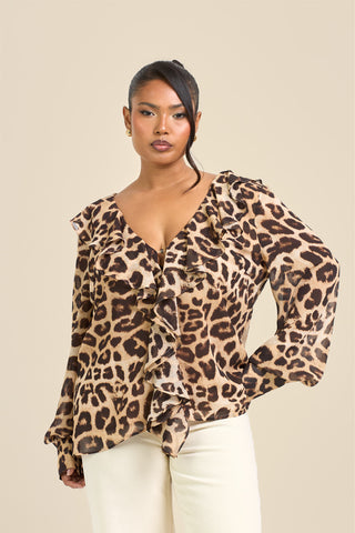 Curve Ruffle Leopard Chiffon Blouse