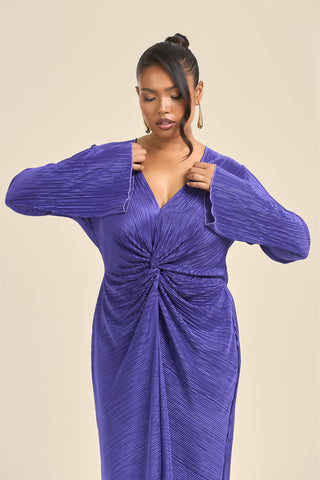 Curve Twist Front Flare Sleeve Plisse Midaxi Dress