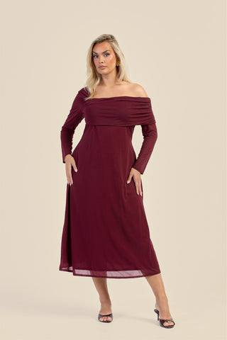 Curve Gathered Neck Long Sleeve Midi Dress